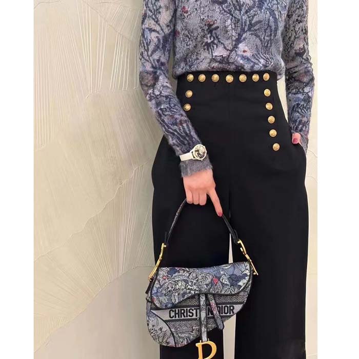 Dior Women CD Saddle Bag Denim Multicolor Dior Jardin Magique Embroidery