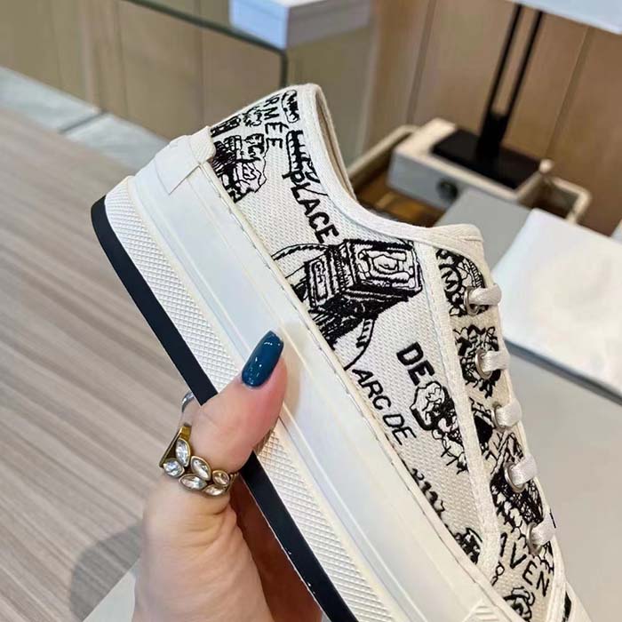 Dior Women Shoes CD Walk’N’Dior Platform Sneaker White Black Cotton Embroidered Plan De Paris
