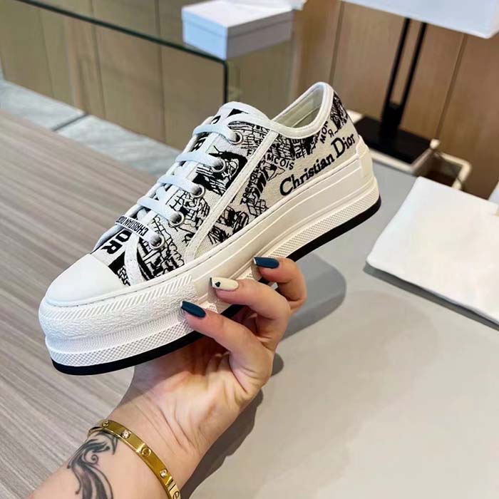 Dior Women Shoes CD Walk’N’Dior Platform Sneaker White Black Cotton Embroidered Plan De Paris