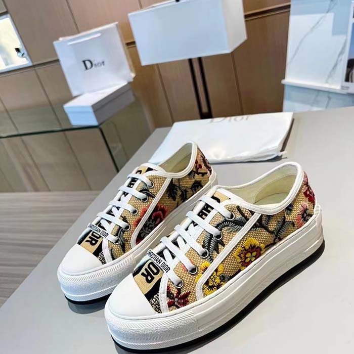 Dior Women Shoes CD Walk’N’Dior Sneaker Beige Multicolor Raffia Embroidered Petites Fleurs