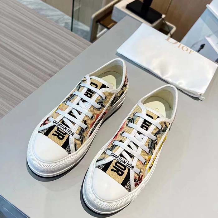 Dior Women Shoes CD Walk’N’Dior Sneaker Beige Multicolor Raffia Embroidered Petites Fleurs
