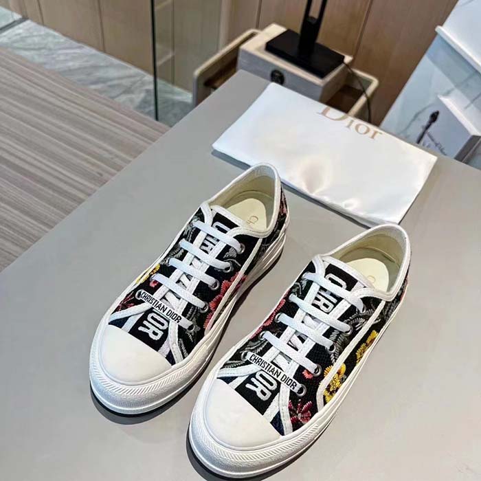 Dior Women Shoes CD Walk’N’Dior Sneaker Black Multicolor Cotton Embroidered Petites Fleurs