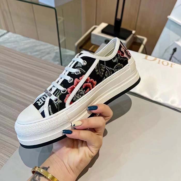 Dior Women Shoes CD Walk’N’Dior Sneaker Black Multicolor Cotton Embroidered Petites Fleurs