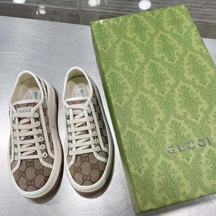 Gucci GG Women’s GG Sneaker Beige Ebony Original GG Canvas Flat 5 Cm Heel