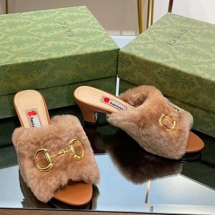 Gucci GG Women’s Mid-Heel Slide Sandal Brown Fabric Horsebit 5.6 Cm Heel
