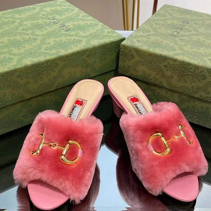 Gucci GG Women’s Mid-Heel Slide Sandal Pink Fabric Horsebit 5.6 Cm Heel