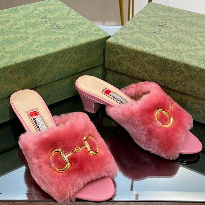 Gucci GG Women’s Mid-Heel Slide Sandal Pink Fabric Horsebit 5.6 Cm Heel