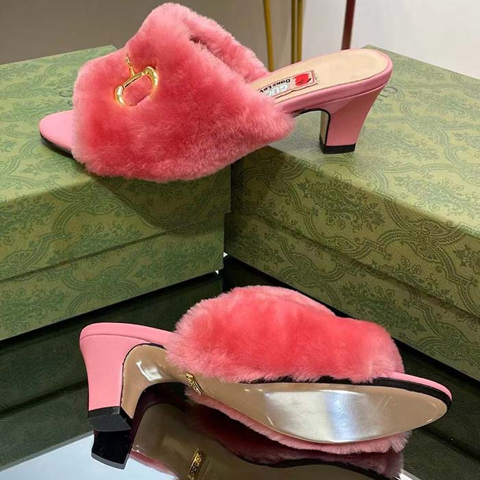 Gucci GG Women’s Mid-Heel Slide Sandal Pink Fabric Horsebit 5.6 Cm Heel