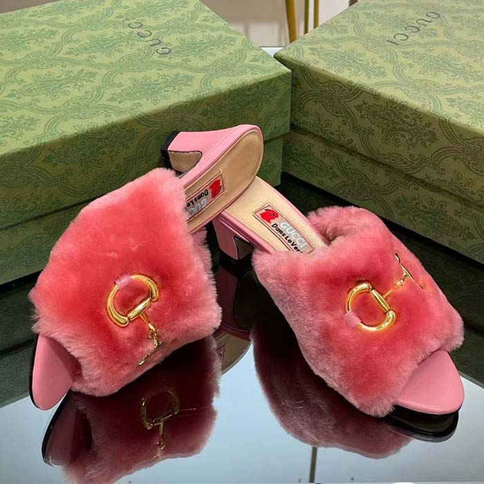 Gucci GG Women’s Mid-Heel Slide Sandal Pink Fabric Horsebit 5.6 Cm Heel