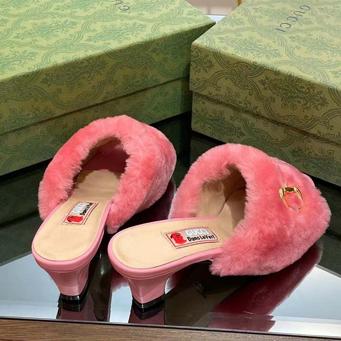 Gucci GG Women’s Mid-Heel Slide Sandal Pink Fabric Horsebit 5.6 Cm Heel