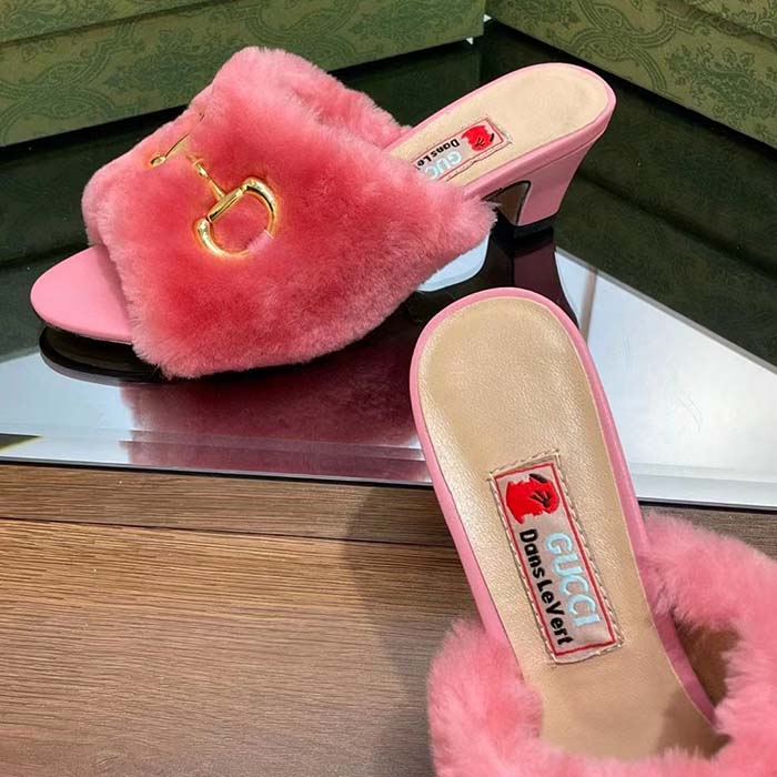 Gucci GG Women’s Mid-Heel Slide Sandal Pink Fabric Horsebit 5.6 Cm Heel