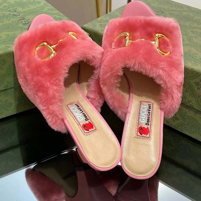 Gucci GG Women’s Mid-Heel Slide Sandal Pink Fabric Horsebit 5.6 Cm Heel