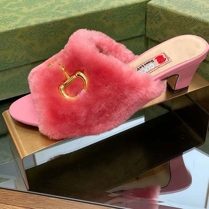 Gucci GG Women’s Mid-Heel Slide Sandal Pink Fabric Horsebit 5.6 Cm Heel