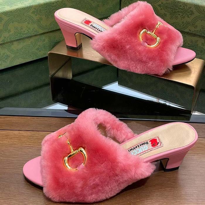 Gucci GG Women’s Mid-Heel Slide Sandal Pink Fabric Horsebit 5.6 Cm Heel