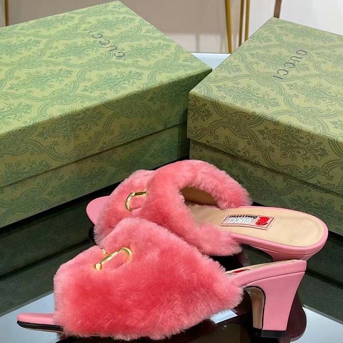 Gucci GG Women’s Mid-Heel Slide Sandal Pink Fabric Horsebit 5.6 Cm Heel