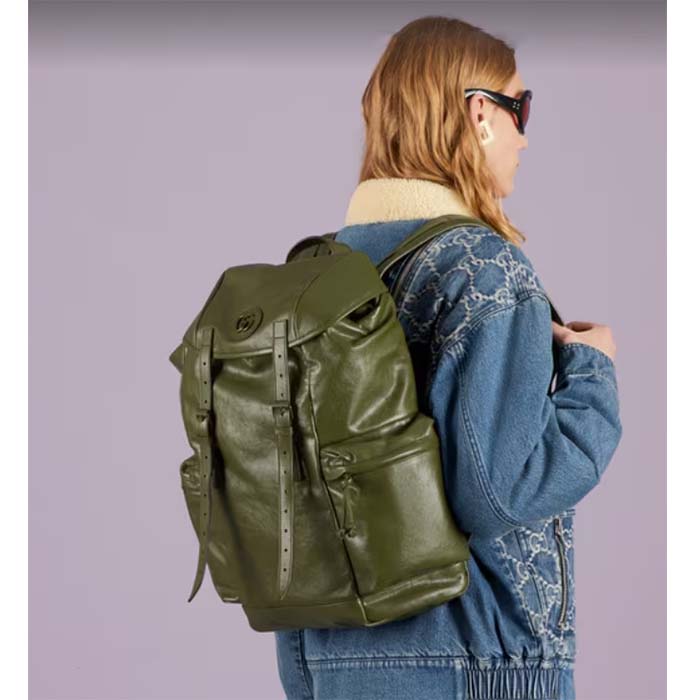 Gucci Unisex GG Backpack Tonal Double G Original GG Canvas Forest Green Leather