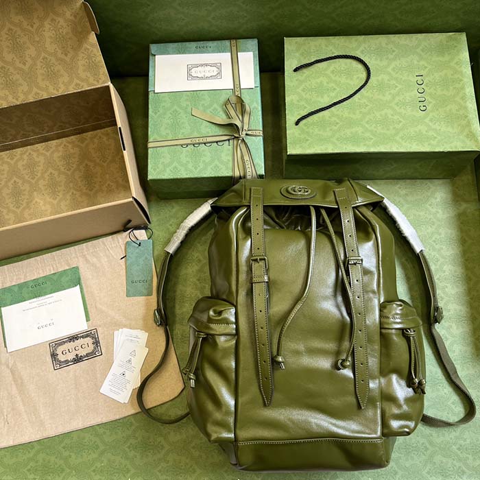 Gucci Unisex GG Backpack Tonal Double G Original GG Canvas Forest Green Leather
