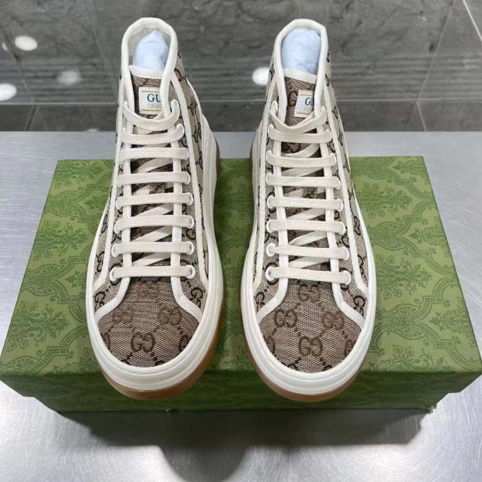 Gucci Unisex GG High Top Sneaker Beige Ebony Original GG Canvas Flat Interlocking G