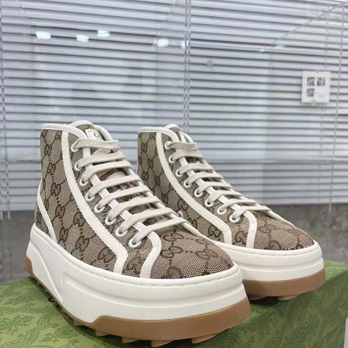 Gucci Unisex GG High Top Sneaker Beige Ebony Original GG Canvas Flat Interlocking G