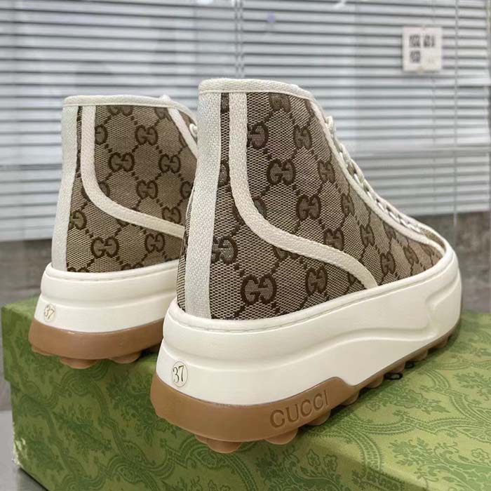 Gucci Unisex GG High Top Sneaker Beige Ebony Original GG Canvas Flat Interlocking G