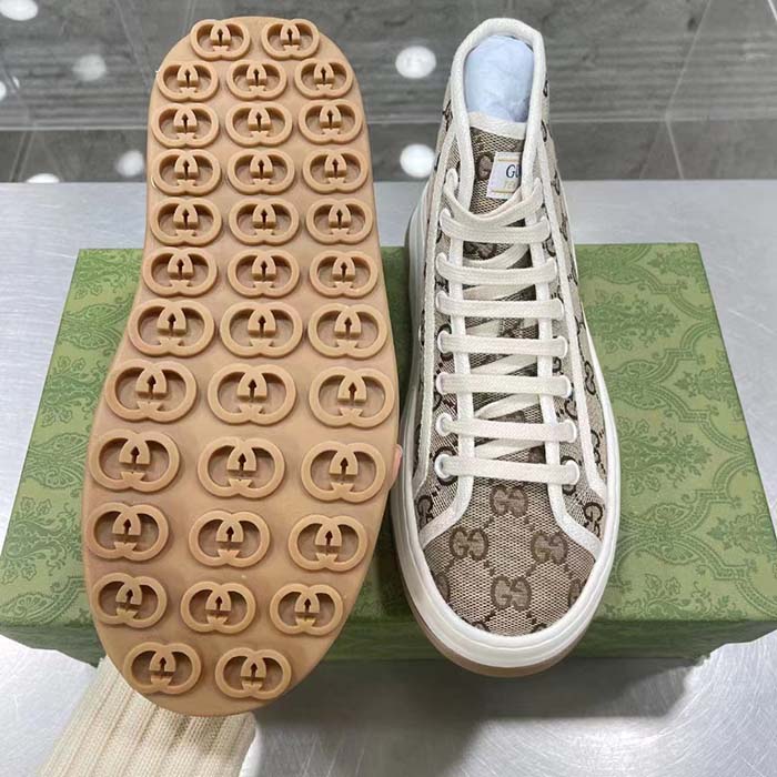 Gucci Unisex GG High Top Sneaker Beige Ebony Original GG Canvas Flat Interlocking G
