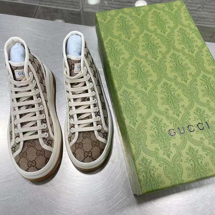 Gucci Unisex GG High Top Sneaker Beige Ebony Original GG Canvas Flat Interlocking G