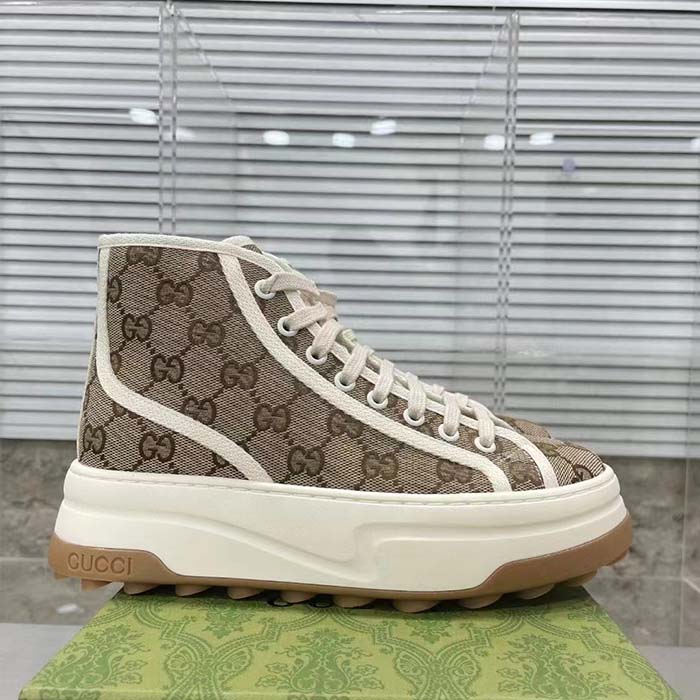 Gucci Unisex GG High Top Sneaker Beige Ebony Original GG Canvas Flat Interlocking G