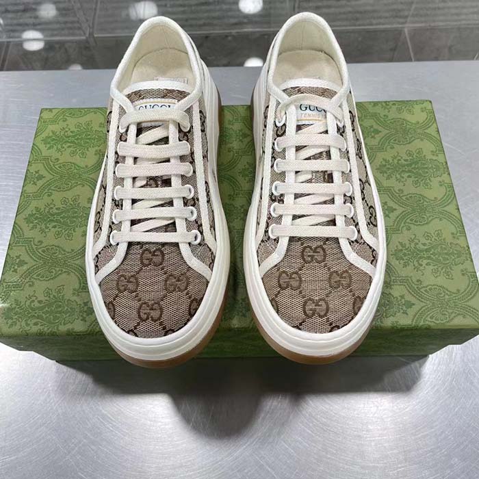 Gucci Unisex GG Sneaker Beige Ebony Original Canvas Flat Interlocking G 5 Cm Heel