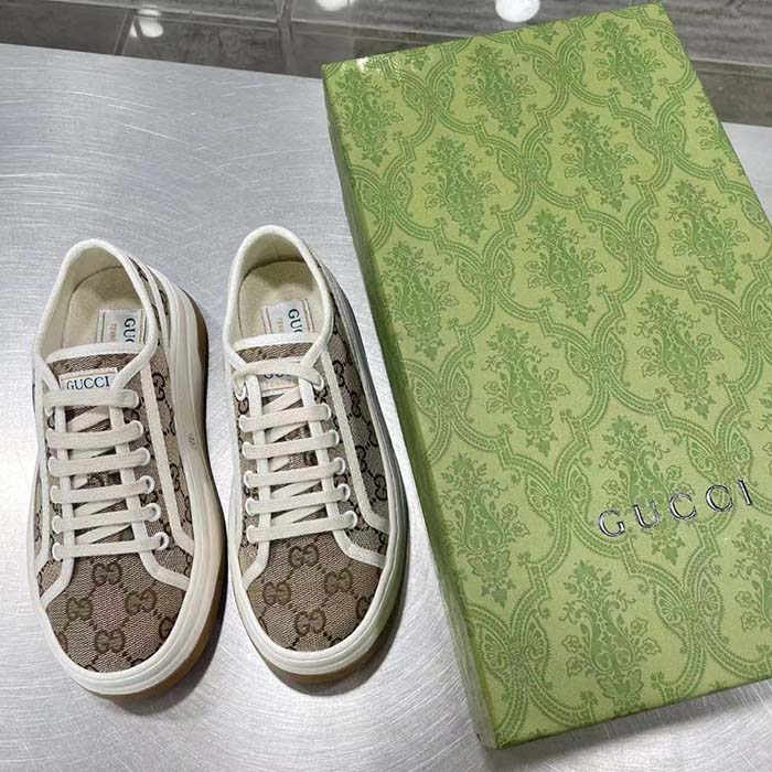 Gucci Unisex GG Sneaker Beige Ebony Original Canvas Flat Interlocking G 5 Cm Heel