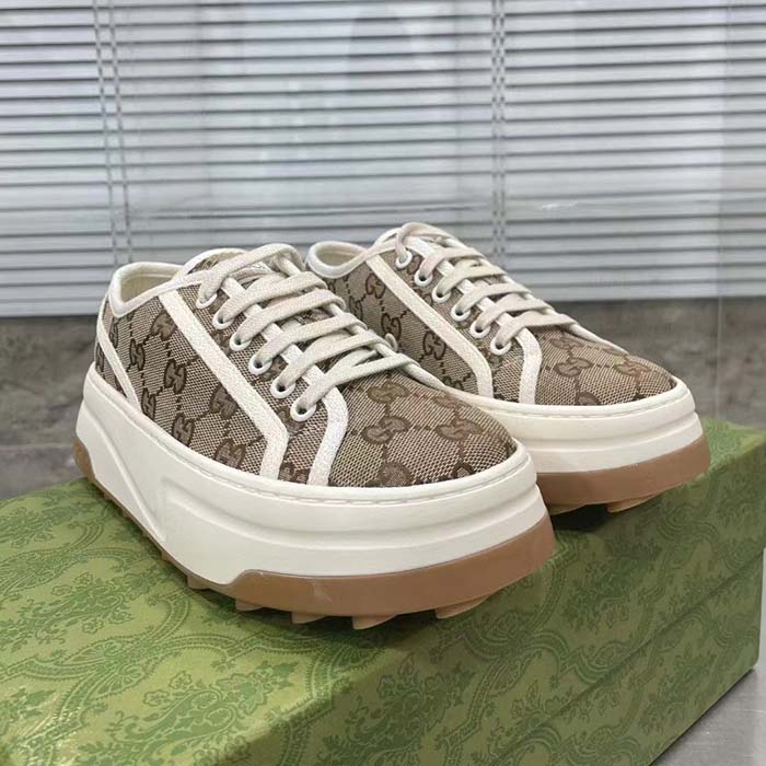 Gucci Unisex GG Sneaker Beige Ebony Original Canvas Flat Interlocking G 5 Cm Heel