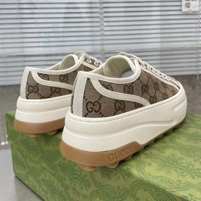 Gucci Unisex GG Sneaker Beige Ebony Original Canvas Flat Interlocking G 5 Cm Heel