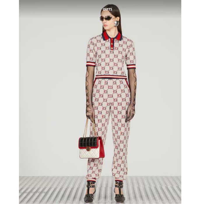 Gucci Women GG Cotton Jacquard Polo Shirt Ivory Red Polo Collar Short Sleeves