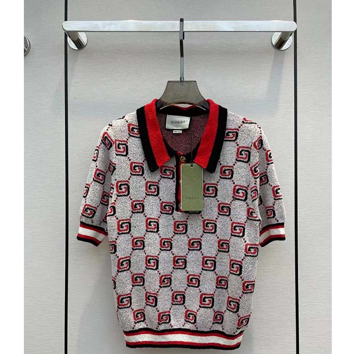 Gucci Men GG Cotton Jacquard Polo Shirt Ivory Red Polo Collar Short Sleeves