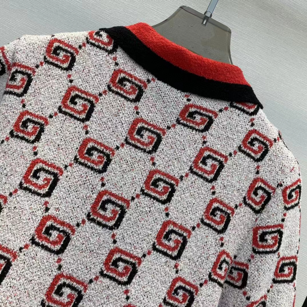 Gucci Men GG Cotton Jacquard Polo Shirt Ivory Red Polo Collar Short Sleeves