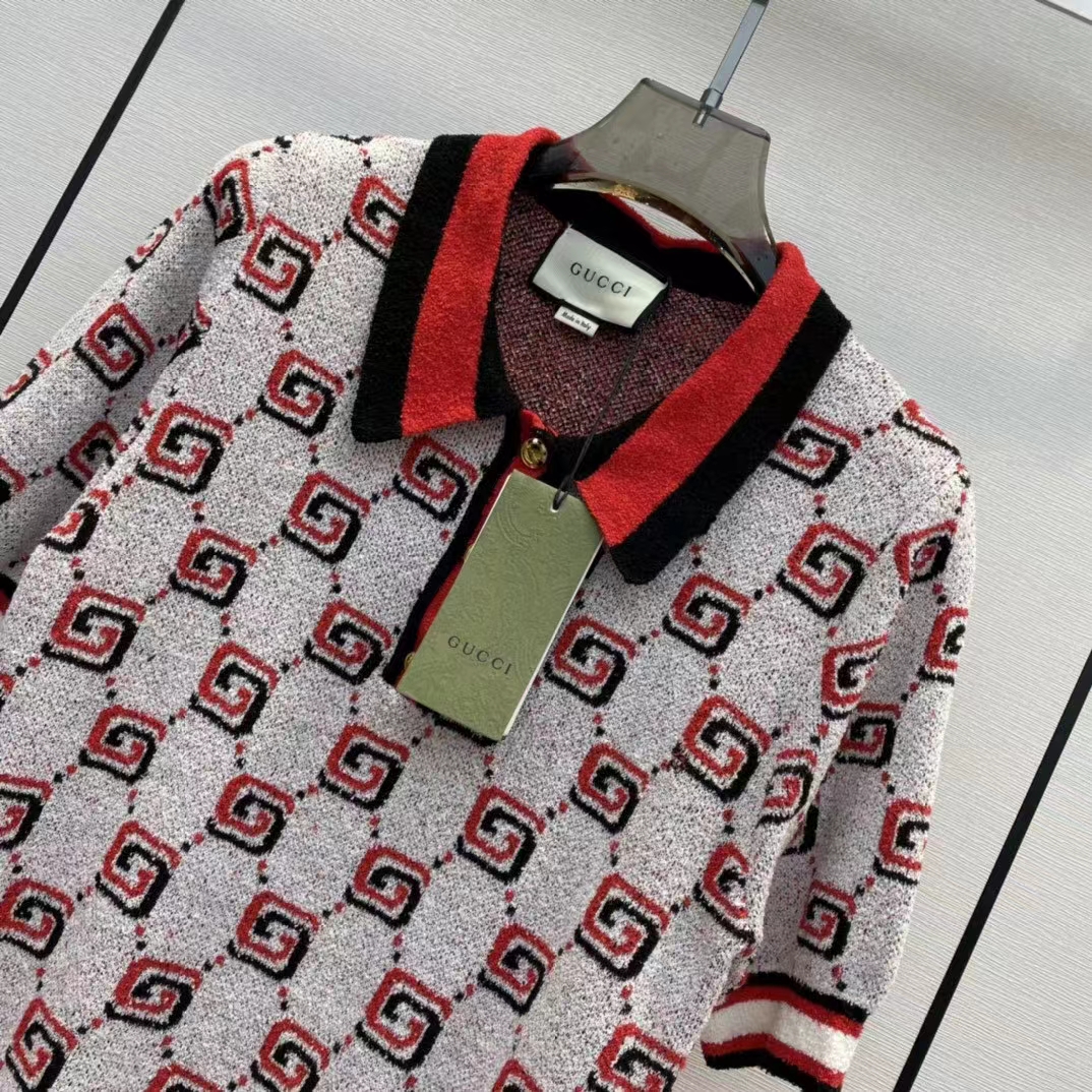Gucci Men GG Cotton Jacquard Polo Shirt Ivory Red Polo Collar Short Sleeves