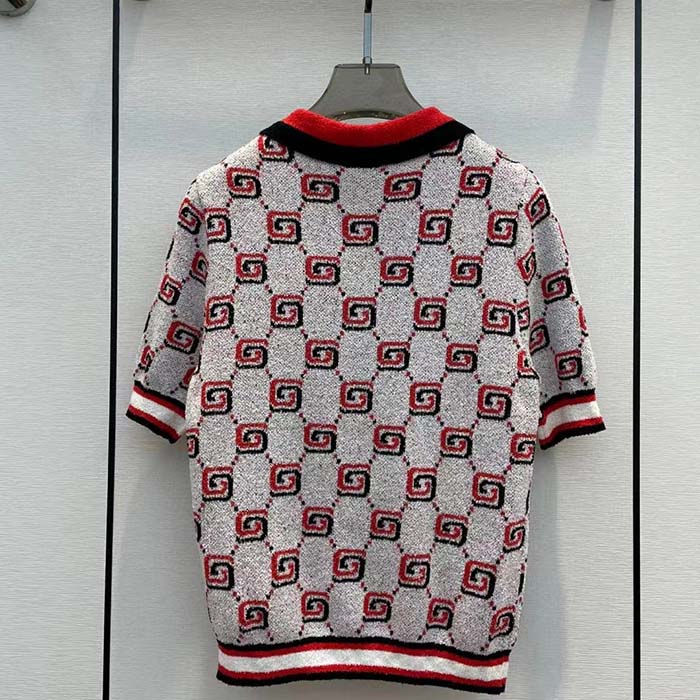 Gucci Men GG Cotton Jacquard Polo Shirt Ivory Red Polo Collar Short Sleeves