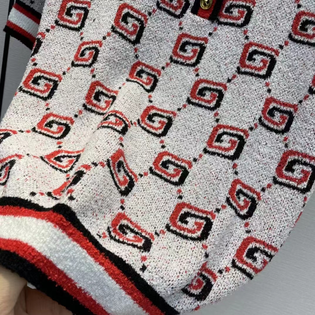 Gucci Men GG Cotton Jacquard Polo Shirt Ivory Red Polo Collar Short Sleeves