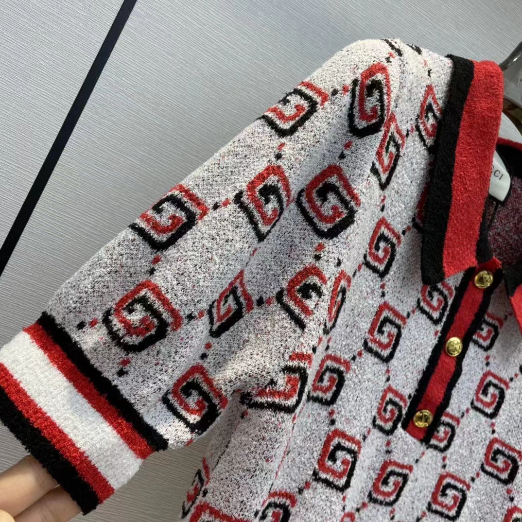 Gucci Men GG Cotton Jacquard Polo Shirt Ivory Red Polo Collar Short Sleeves