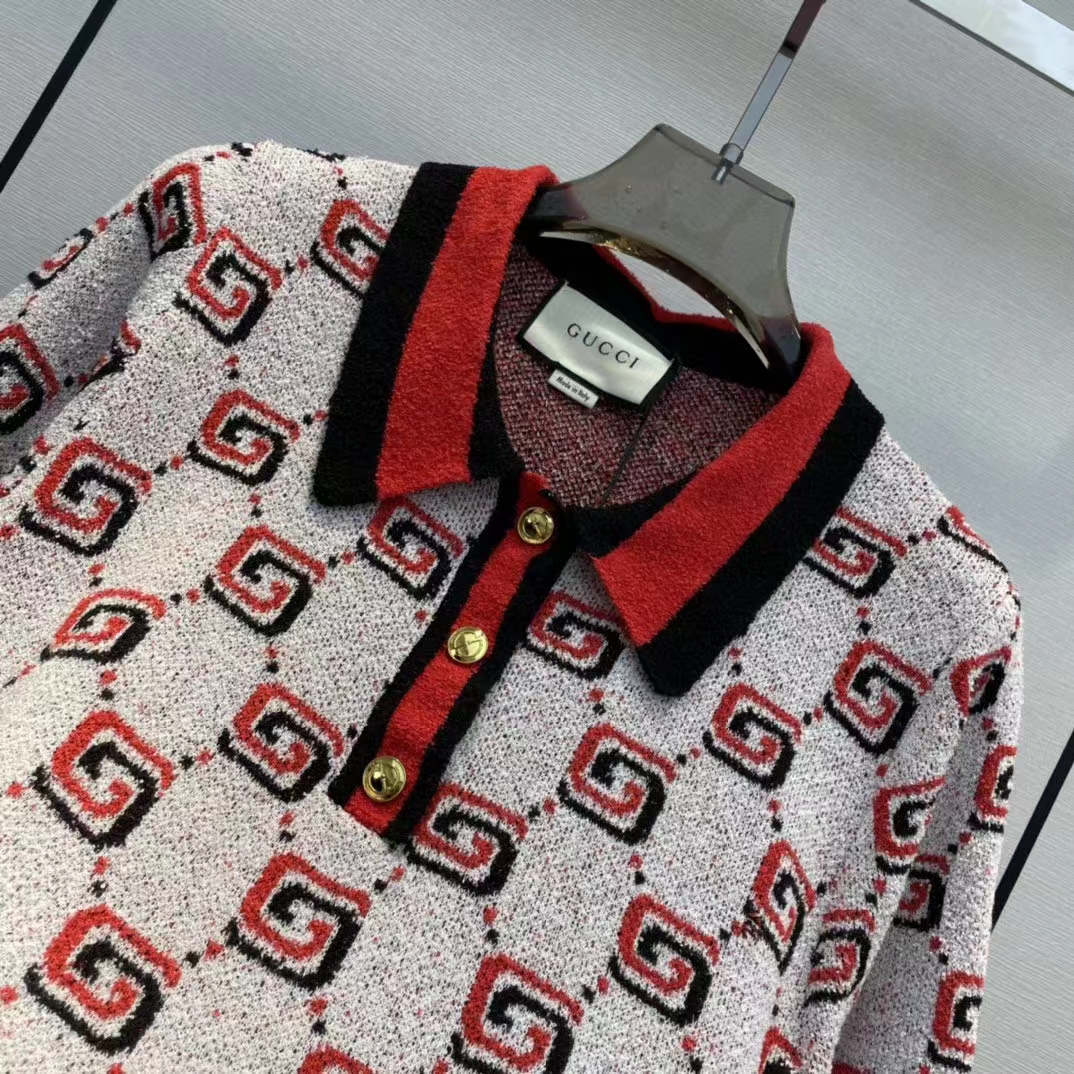 Gucci Men GG Cotton Jacquard Polo Shirt Ivory Red Polo Collar Short Sleeves