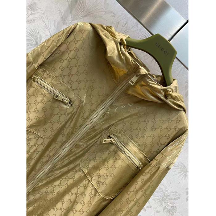 Gucci Women GG Hooded Jacket Light Camel GG Nylon Jacquard