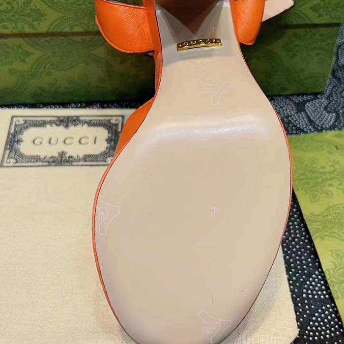 Gucci Women GG Interlocking G Sandal Orange Leather Wooden High 12 Cm Heel