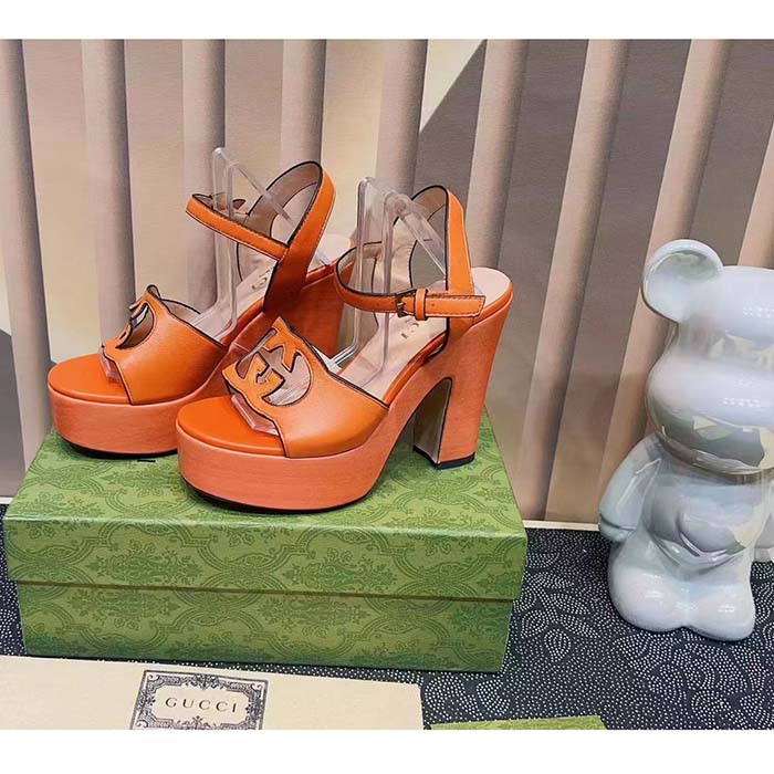 Gucci Women GG Interlocking G Sandal Orange Leather Wooden High 12 Cm Heel