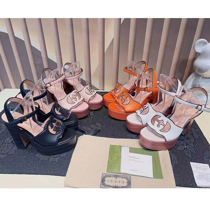 Gucci Women GG Interlocking G Sandal Orange Leather Wooden High 12 Cm Heel