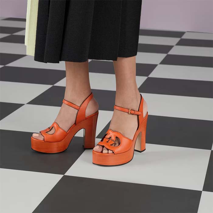 Gucci Women GG Interlocking G Sandal Orange Leather Wooden High 12 Cm Heel