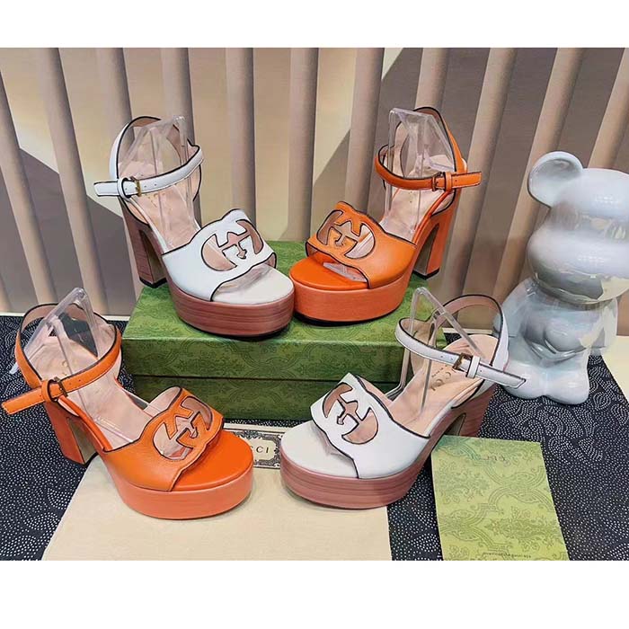 Gucci Women GG Interlocking G Sandal Orange Leather Wooden High 12 Cm Heel