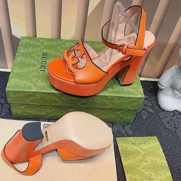 Gucci Women GG Interlocking G Sandal Orange Leather Wooden High 12 Cm Heel
