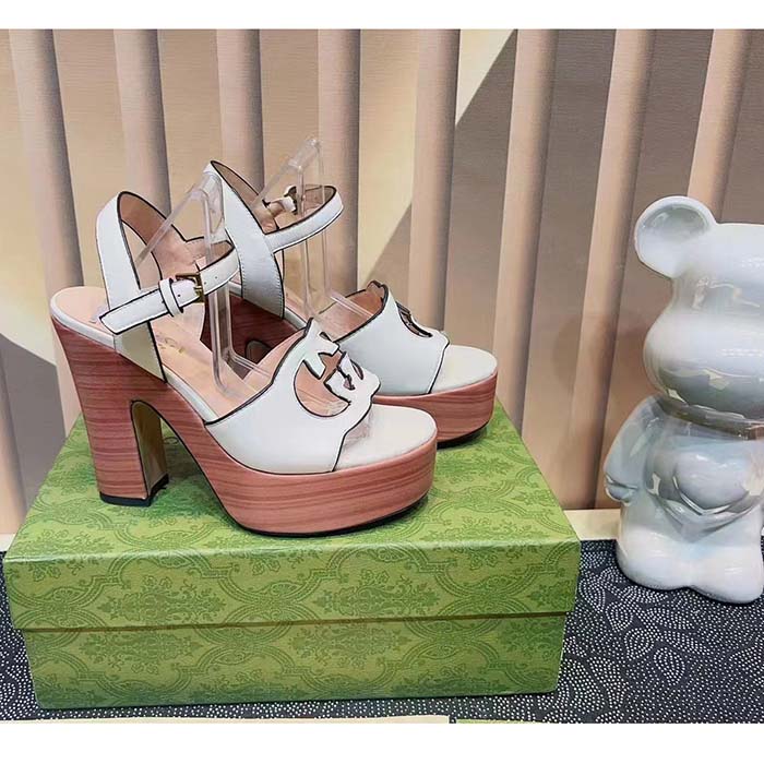 Gucci Women GG Interlocking G Sandal White Leather Wooden High 12 Cm Heel