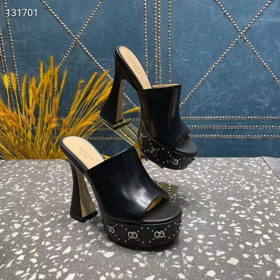 Gucci Women GG Platform Slide Sandal Black Leather Spool High 11 Cm Heel
