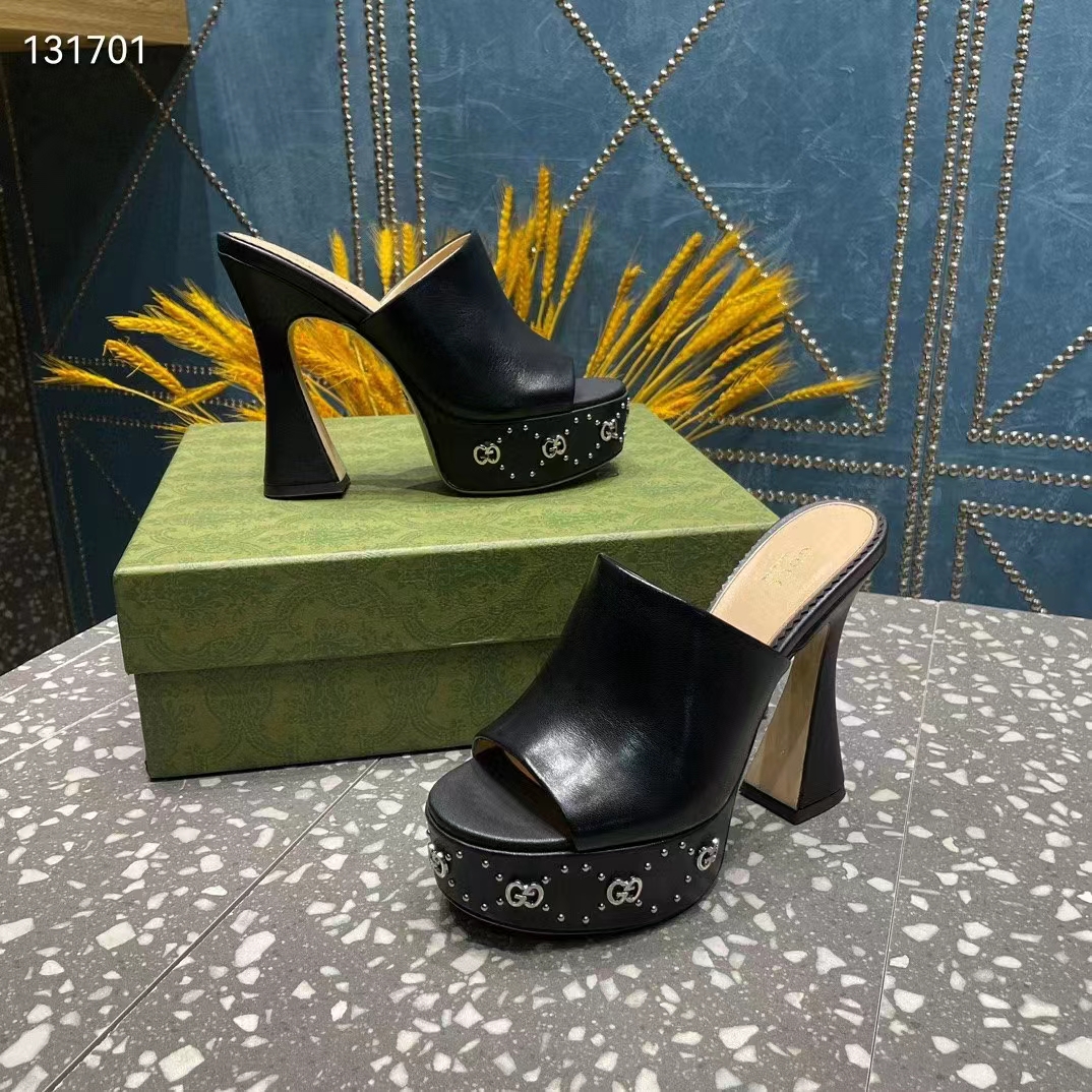 Gucci Women GG Platform Slide Sandal Black Leather Spool High 11 Cm Heel