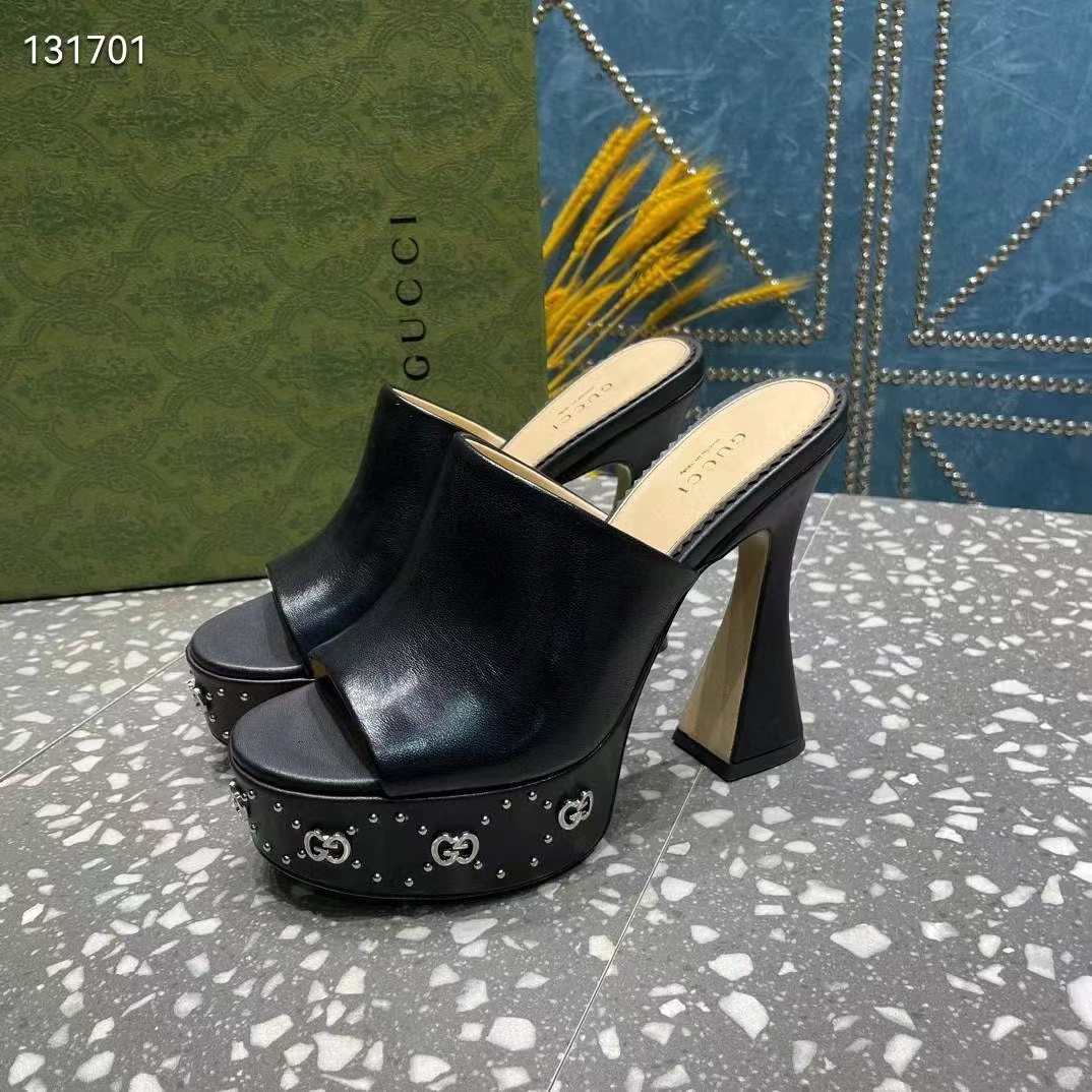 Gucci Women GG Platform Slide Sandal Black Leather Spool High 11 Cm Heel